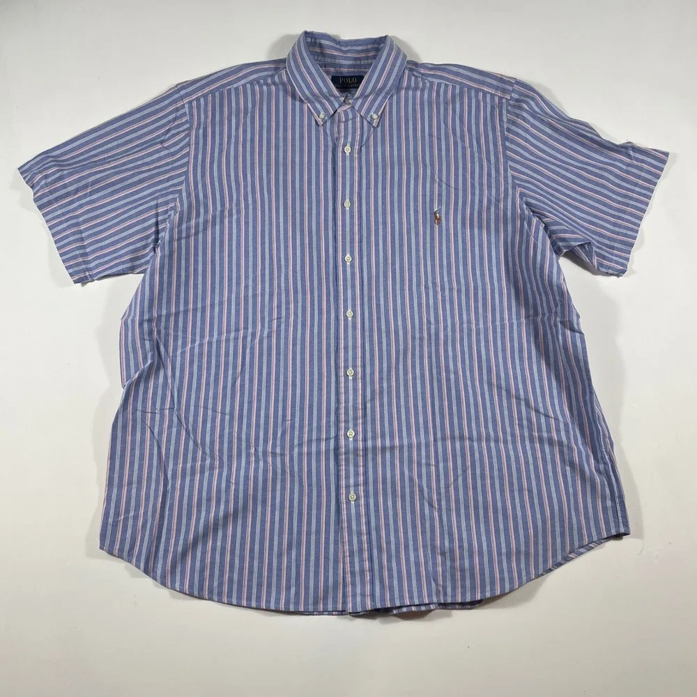 Polo Ralph Lauren Button Down Mens 2XB Striped Short Sleeve Oxford Blue Pink